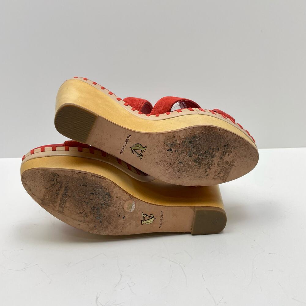 VC Signature | Lene Vince Camuto Red Leather Ankle Strap Block Wedge Sandals - Picture 9 of 12